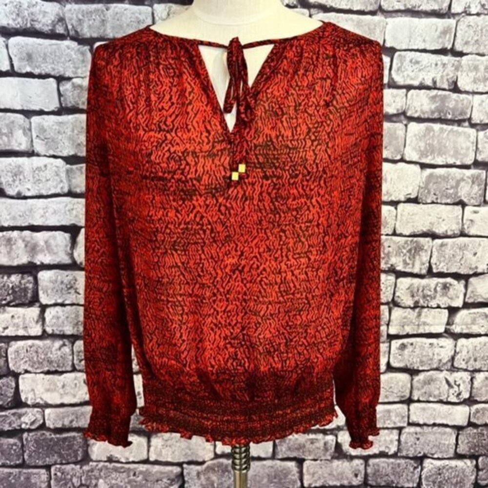 Michael Kors Red & Black Semi Sheer Long Sleeve Blouse Size M